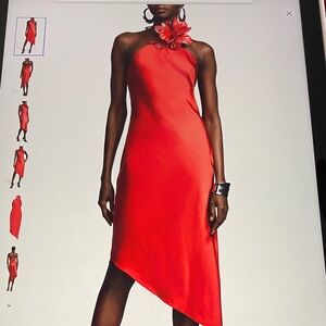 Halston Red Floral Detail Asymmetric Crushed Satin Halter Dress NWT